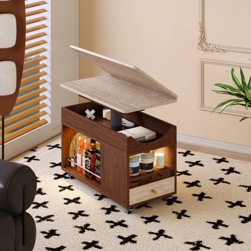 Movable coffee table antique small apartment foldable liftable trolley sofa side storage cabinet