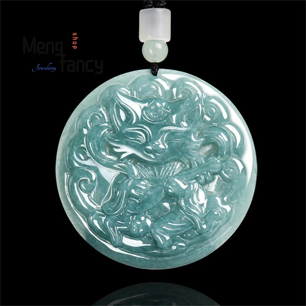 

Natural A-grade Jadeite Blue Water Pipa Nine-tailed Spirit Fox Pendant Soft Jade Cute and Unique Women's Style Fashion Jewelry