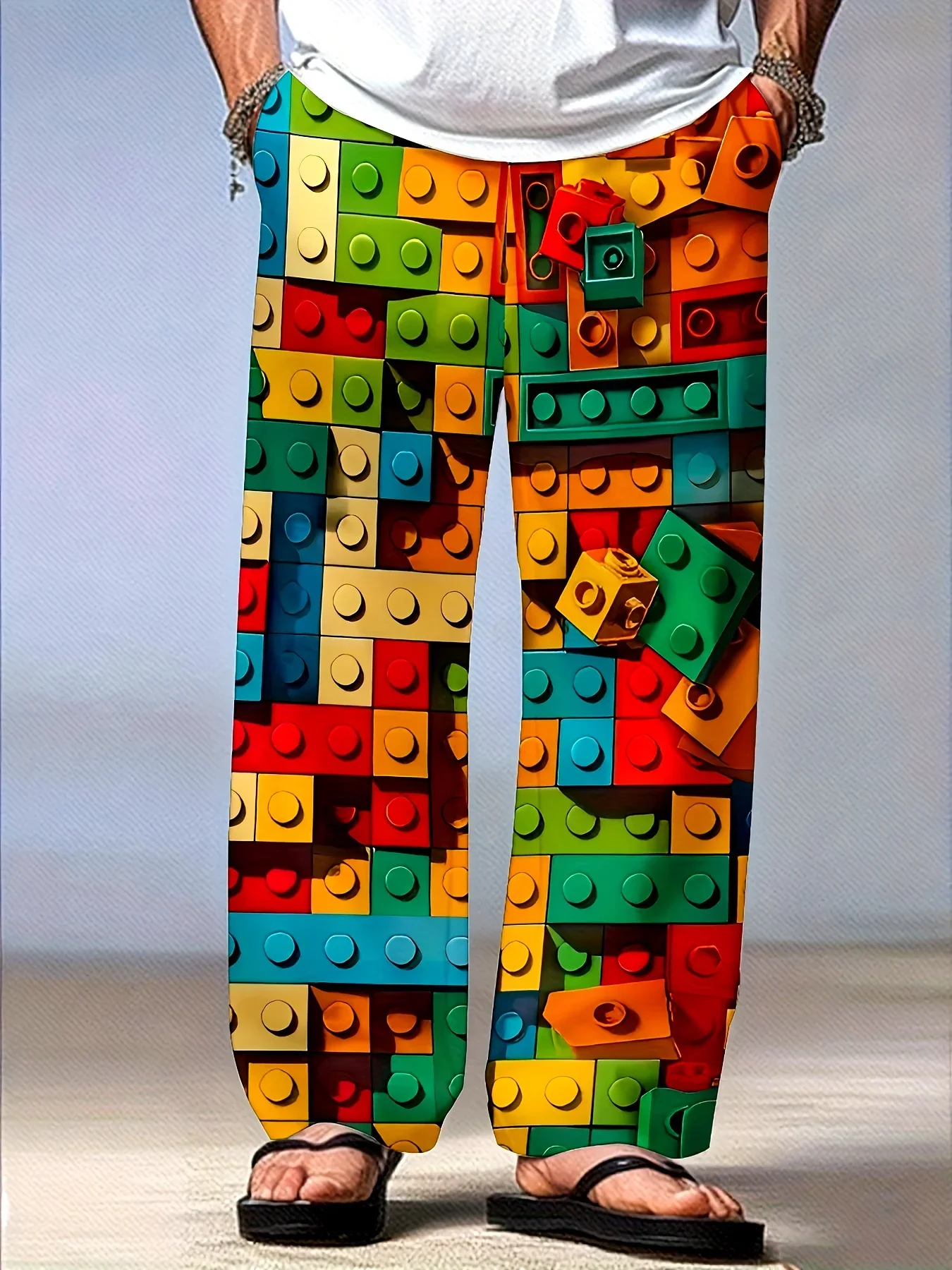 2026 Summer Unisex Colorful Building Blocks 3D Print Casual Pants Quick Drying Breathable Elastic Waist Loose Fit Trousers Kids