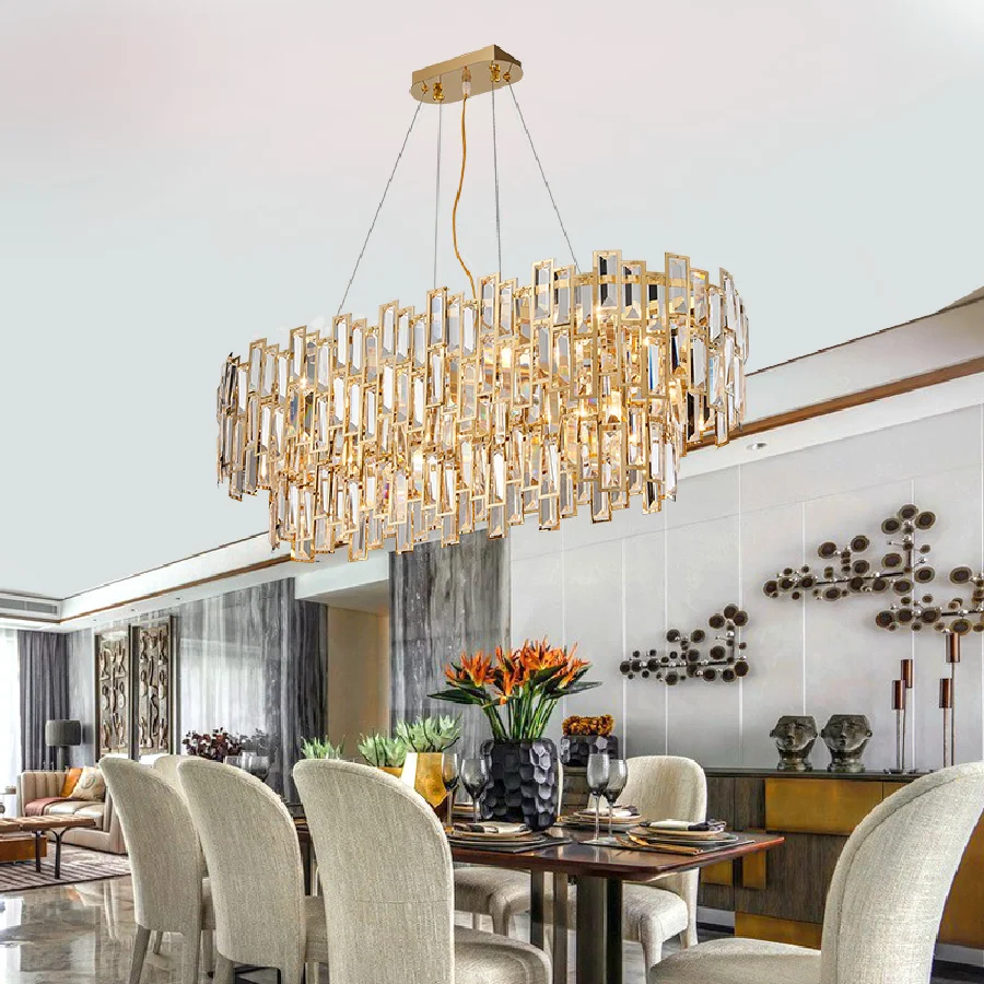 luxury new lamps LED crystal restaurant lamp post modern chandelier rectangle creative personality dining room lamp golden light