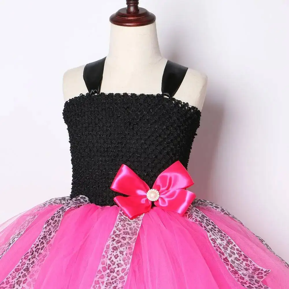 Girls Black Hot Pink Princess Dresses with Big Bowknot Hair Clip Birthday Party Tutu Dress Up Outfit for Kids Leopard Clothing