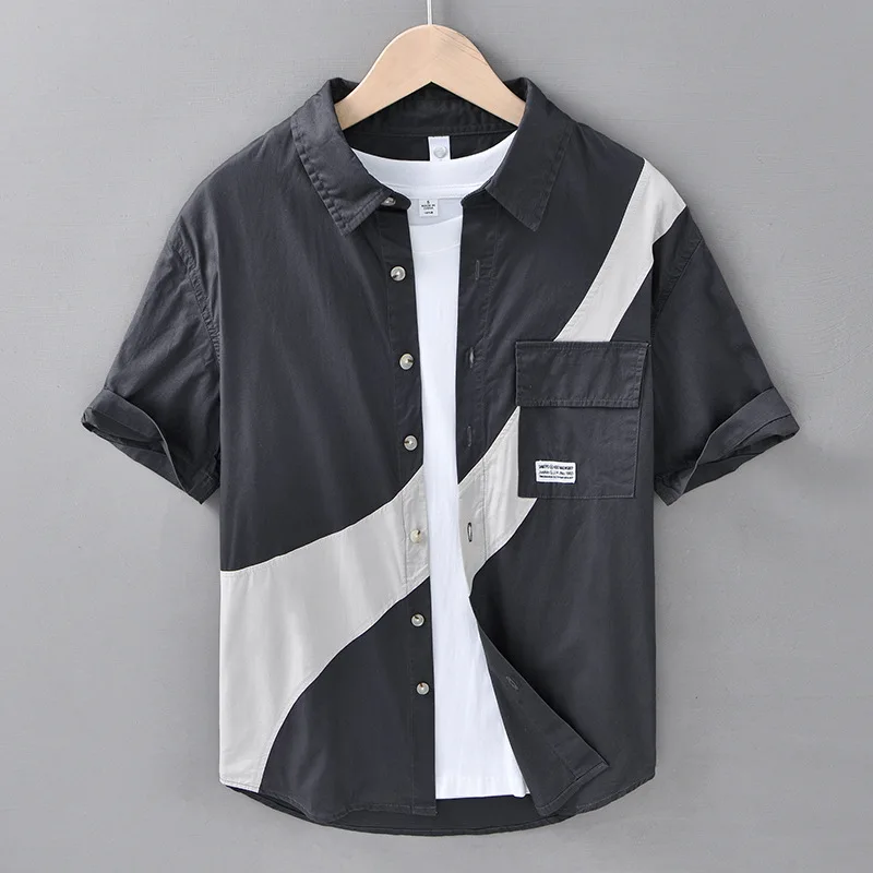 

Summer Japanese Fashion Cargo Shirt Men Short Sleeve New Patchwork Designer Shirts Male Pure Cotton Tops Youthful Casual Shirt