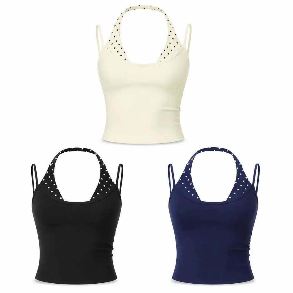 Fashion Polka Dot Yoga Tank Top Removable Padding Built In Bra Workout Tank Top Faux Layered Double Strap Sports Bra Tank Women