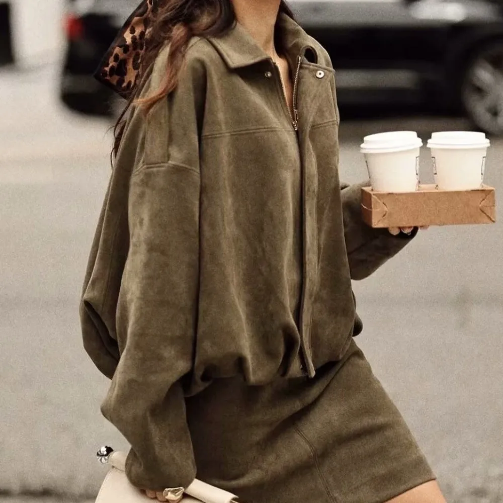 Chic Flip Collar Pilot Jacket Suede Texture Loose High Street Clothing Casual Zipper Outer Garment