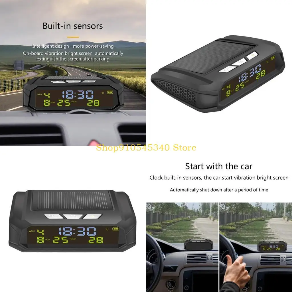 

U2JA Solar Powered Clock with Week Time Display Car Electronic Clock Wire