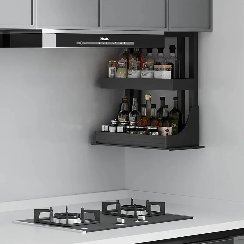 Intelligent Touch and Voice Control Hanging Kitchen Cabinet with Wood Lifting Basket Electric Seasoning Basket Storage
