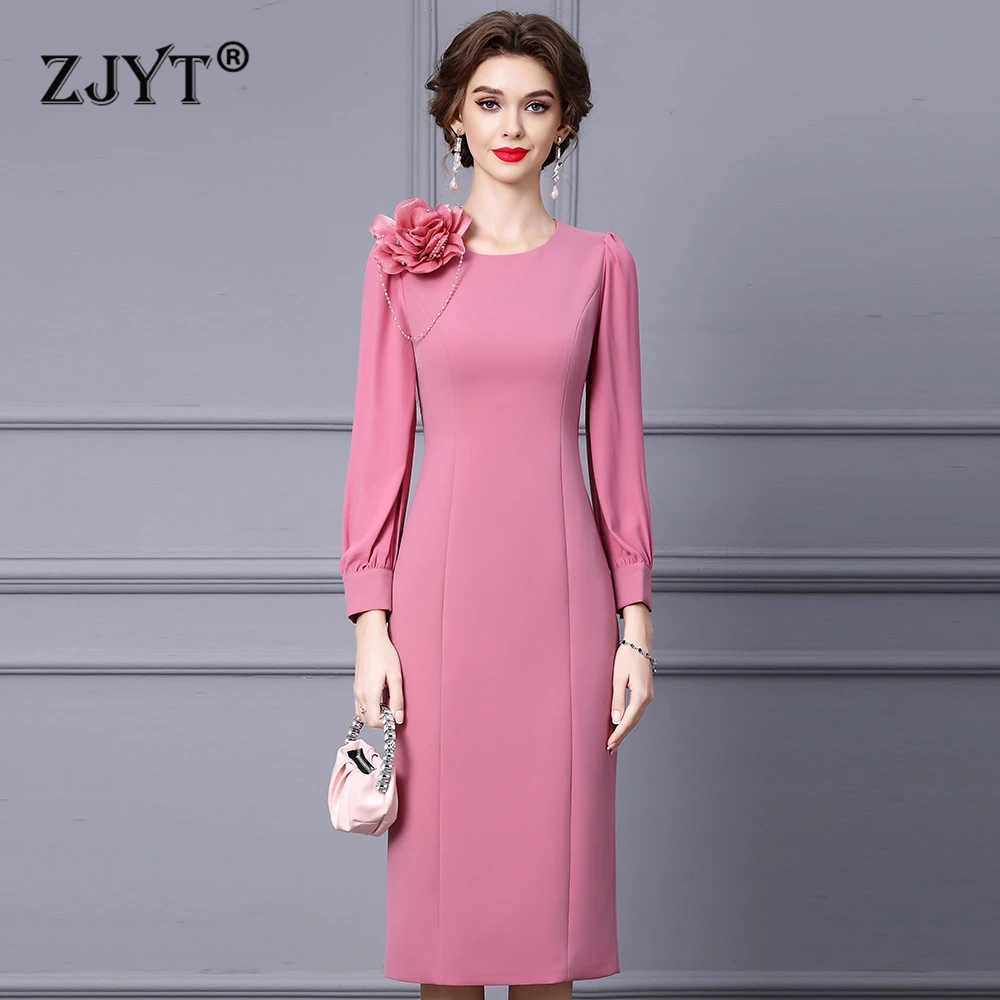 

ZJYT Elegant 3D Floral Pink Party Dresses for Women Spring 2024 Fashion Designer Straight Knee Length Dress Formal Cocktail Robe