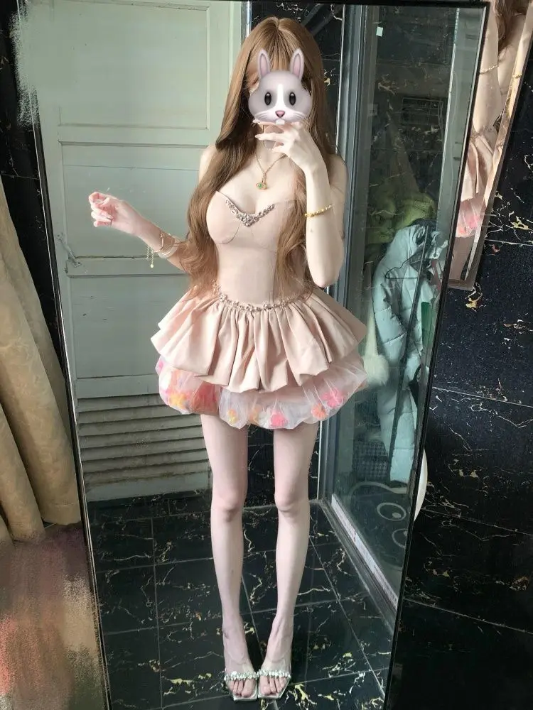 Princess Sweet Slim Waist Heavy Industry Suspender Dress Summer Sweet Spicy Girl Low-cut Mesh Flower Bud Dress Y2k Mini Dress