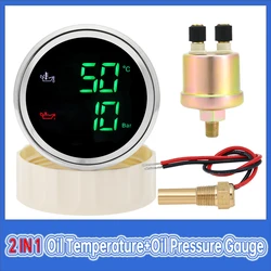 2 IN 1 Oil Temperature+Oil Pressure Gauge with Sensor Digital Display Red/Green Car Gauge Backlight for Marine Boat Car 9-32V