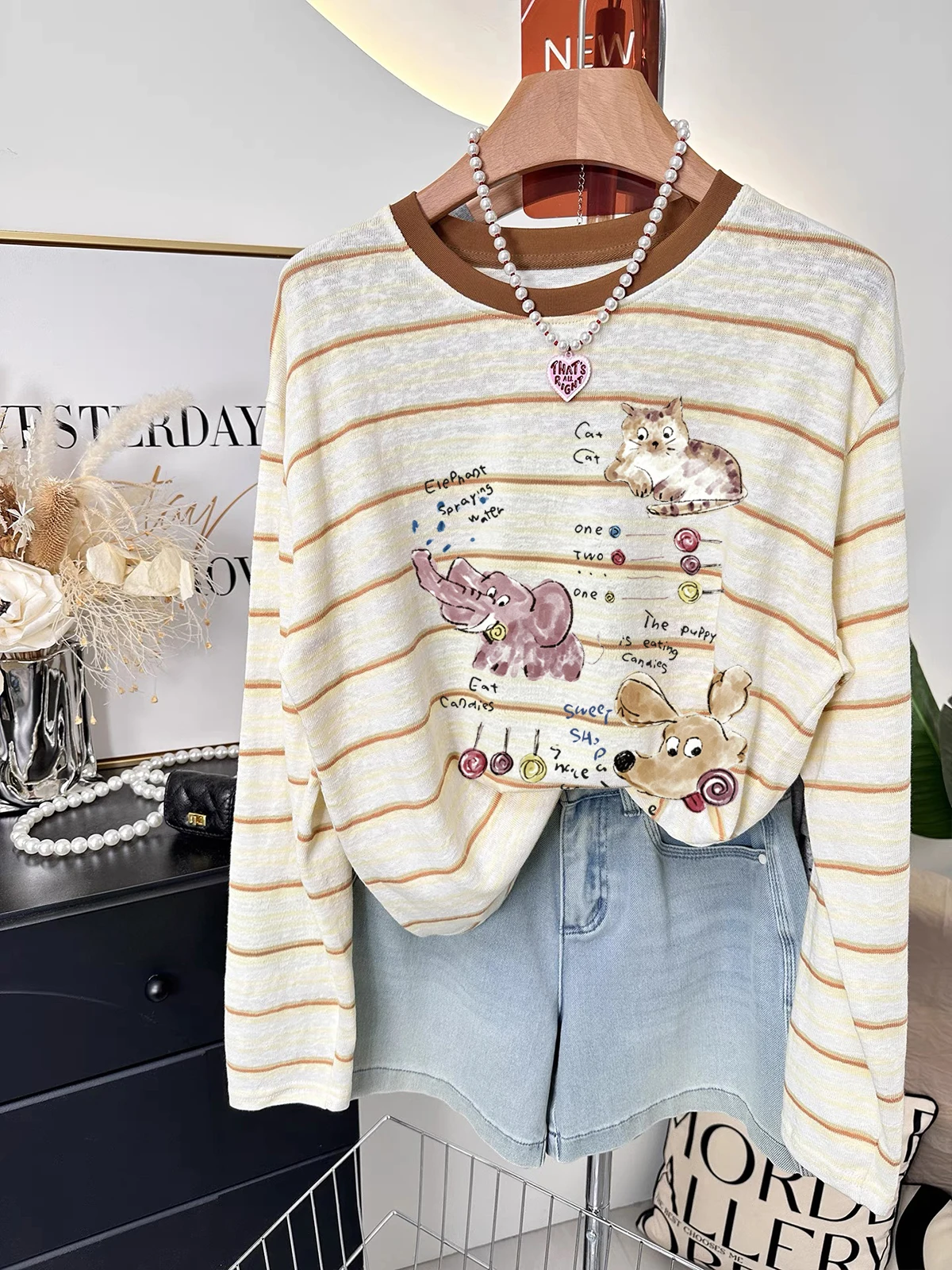 Korean Style Autumn Fashion Print Slimming Striped Long Sleeve Women's T-Shirt  Style Standard Fit Pure Cotton Top