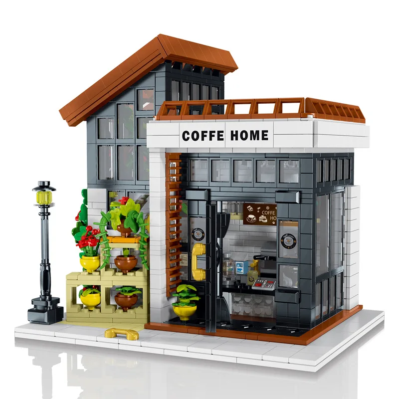 031062 Sunshine coffee shop assembled model light new small particle building blocks toy gift decoration