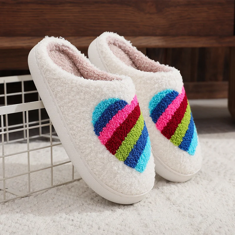 Cute Rainbow Love Slippers Funny Heart Colorful Flat Plush Warm Slippers Indoor House Shoes for Women Men Soft Halloween Gifts