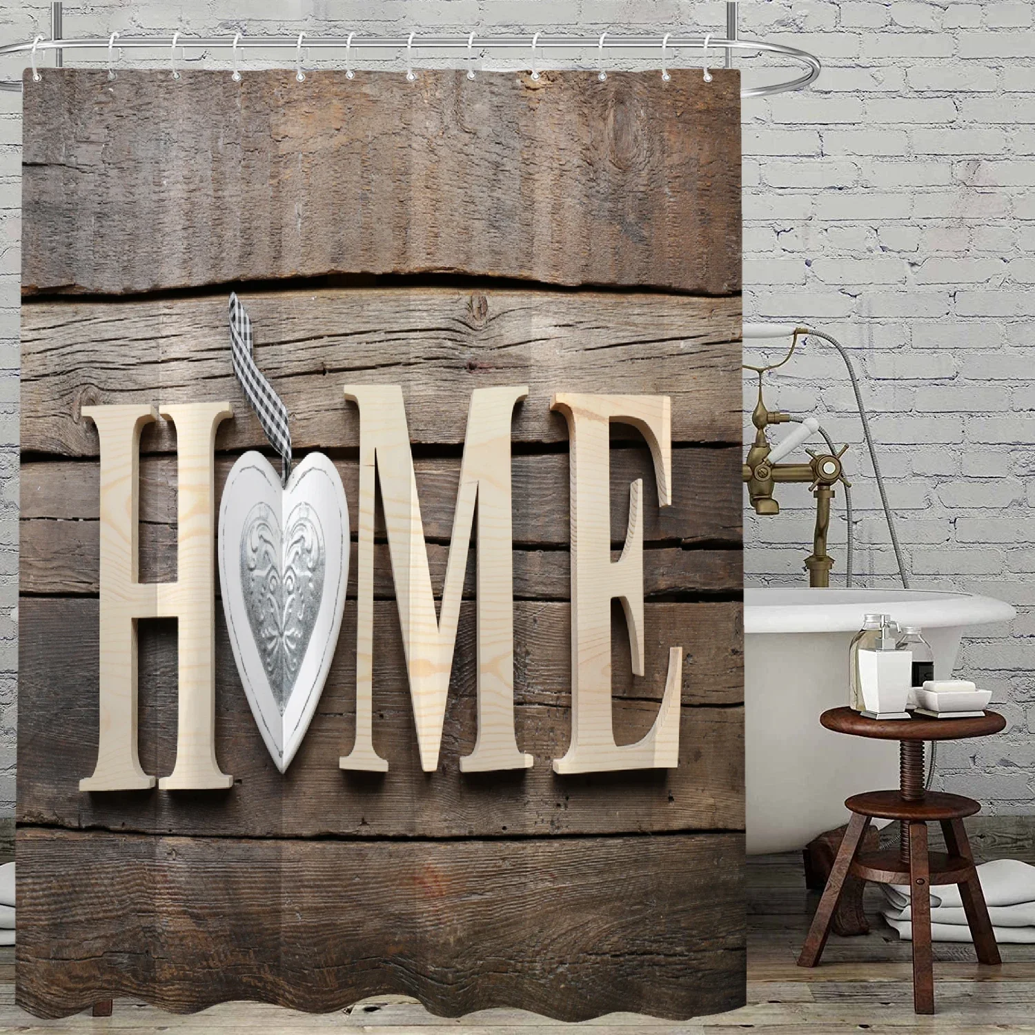 1 set of deep brown wood grain minimalist HOME printed shower curtains with 12 hooks and bathroom floor mats