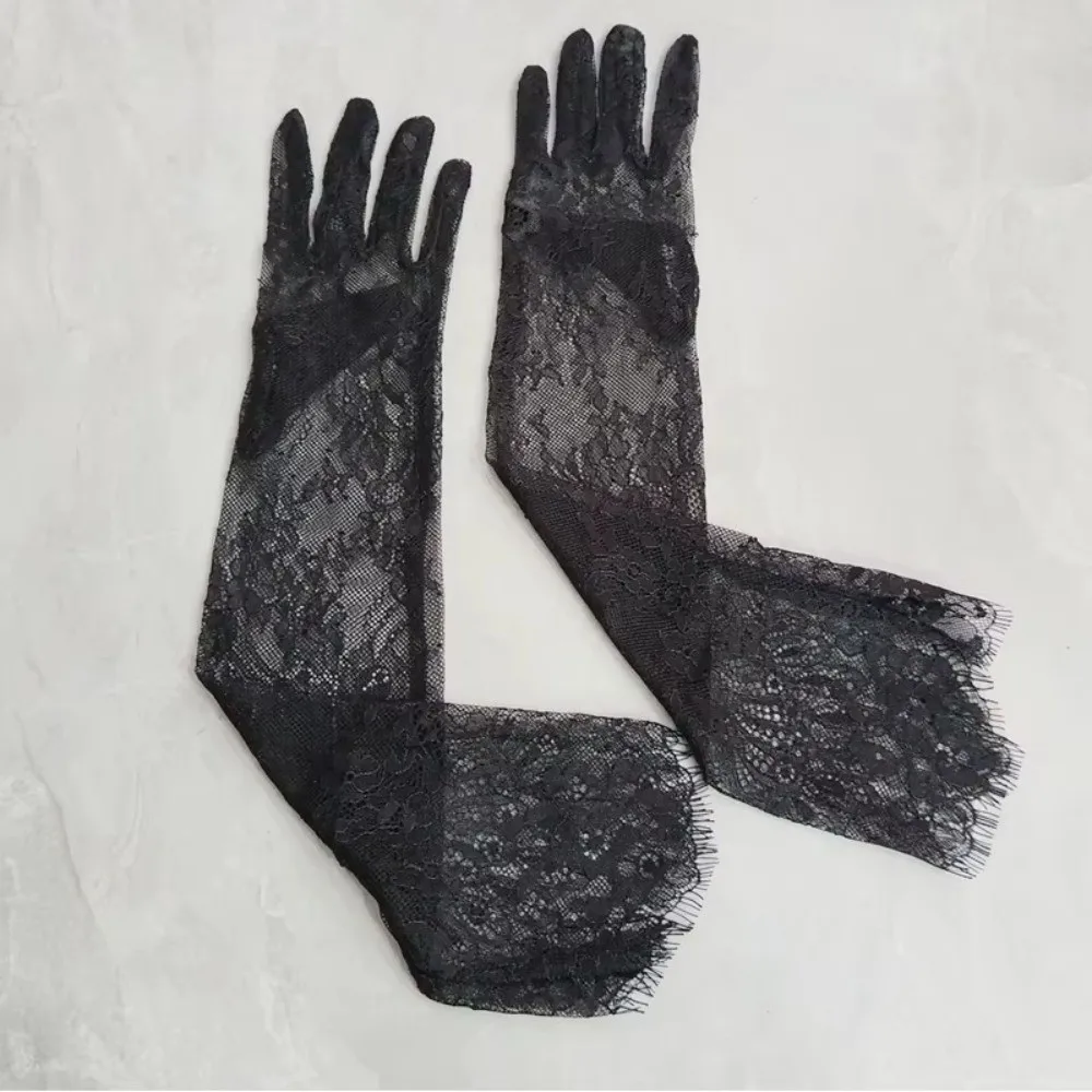 1 Pair Long Length Lace Gloves Thin Material Transparent Wedding Gloves Sheer Fabric Hollow Out Opera Gloves Night Club