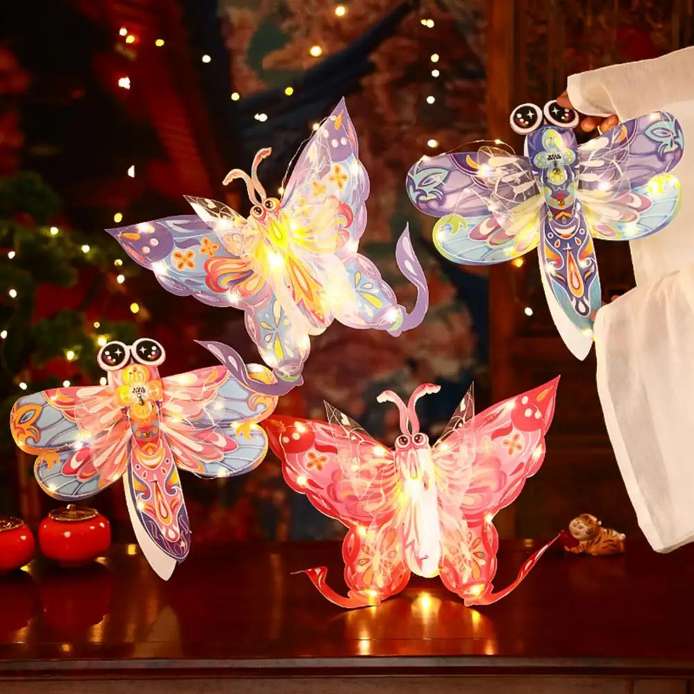 Lantern DIY Kit Self Assembly Butterfly Dragonfly Lantern Handheld Festival Lantern with Stick for New Year Party Decoration Kid