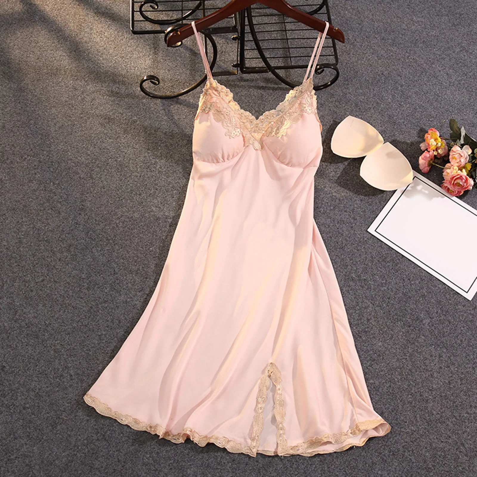 Women Nightdress Thin Sexy Suspender Ice Silk Women Pajamas Lace Home Negligee Nightwear Lingerie Chest Pad Homewear Sleepwear