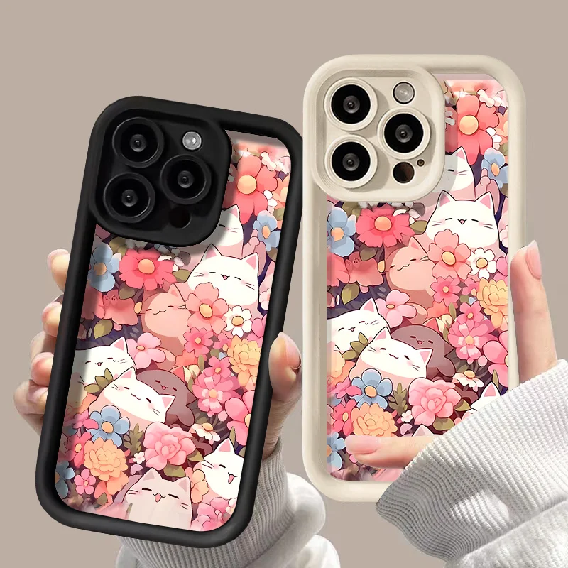 

Lovely Cats Flower Phone Case For iPhone 13 Case iPhone 11 12 14 15 Pro Max XR XS 7 8 Plus SE Candy Color Shockproof Soft Cover