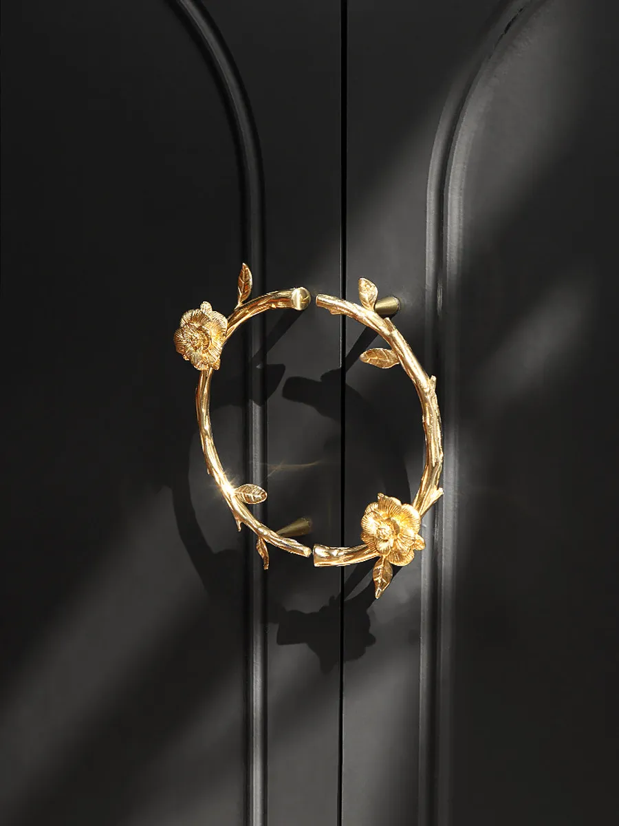 Flower Branch Shape Retro Medieval Light Luxury Cabinet Door Handle Furniture Door Handle Round Small Handle Brass Decoration