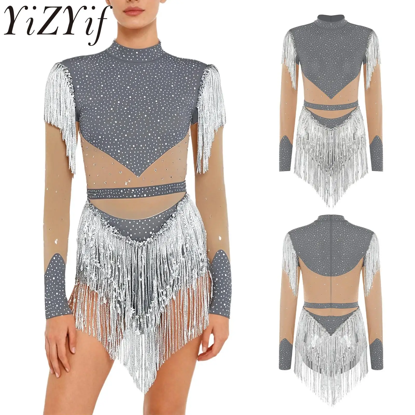 

Женское трико для фигурного катания, платье со стразами для гимнастики и тренировок, боди с юбкой, в комплект входит платье с длинными рукавами и блестками с кисточками