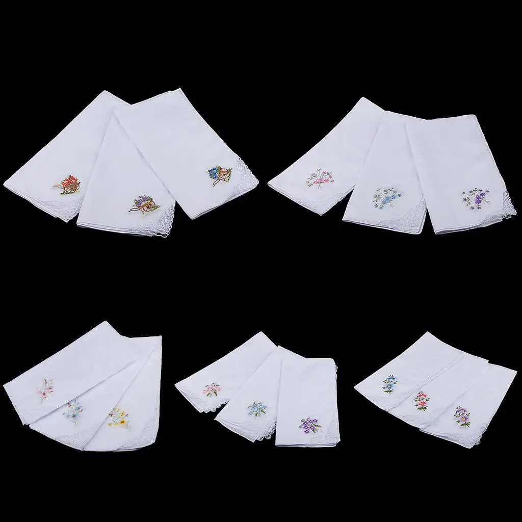 Womens Cotton Handkerchief Set Elegant Embroidered Hanky Vintage White Pocket Square for Wedding Party and Daily Use