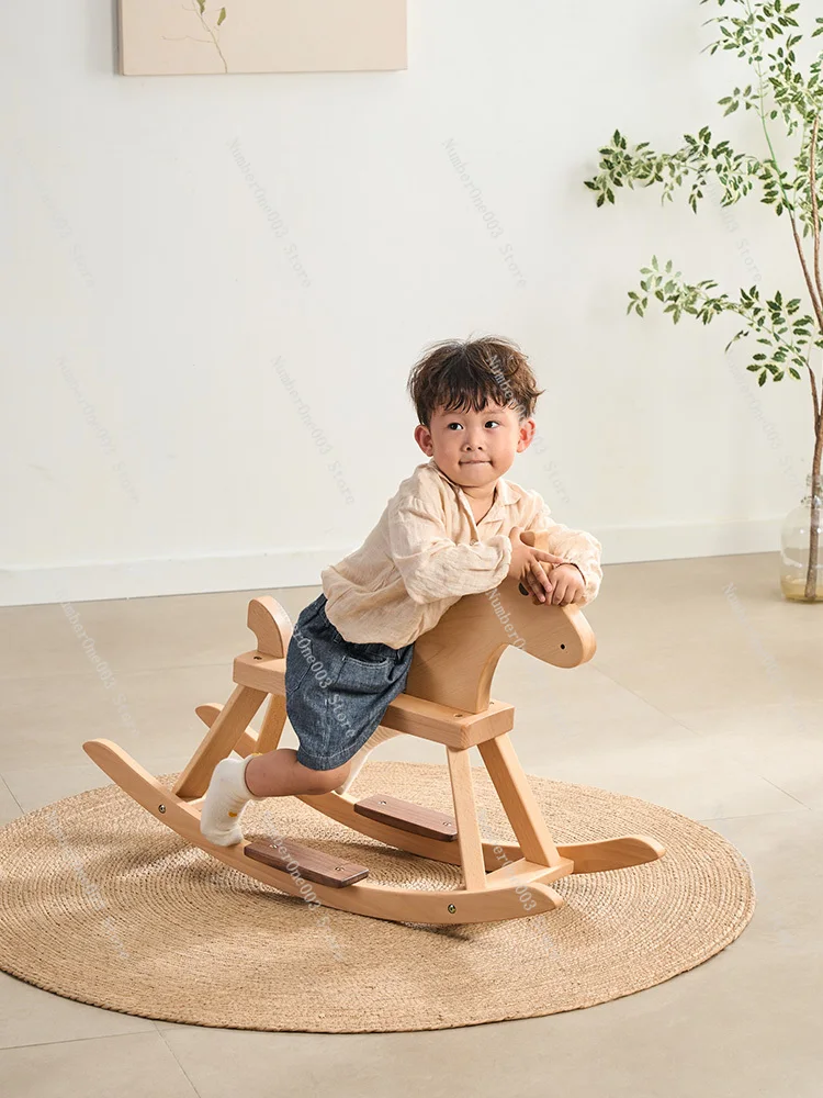 Trojan Horse Children's Rocking Horse, Solid Wood Baby Rocking Horse, Rocking Chair, Toy for Boys and Girls, One Year Birthday G