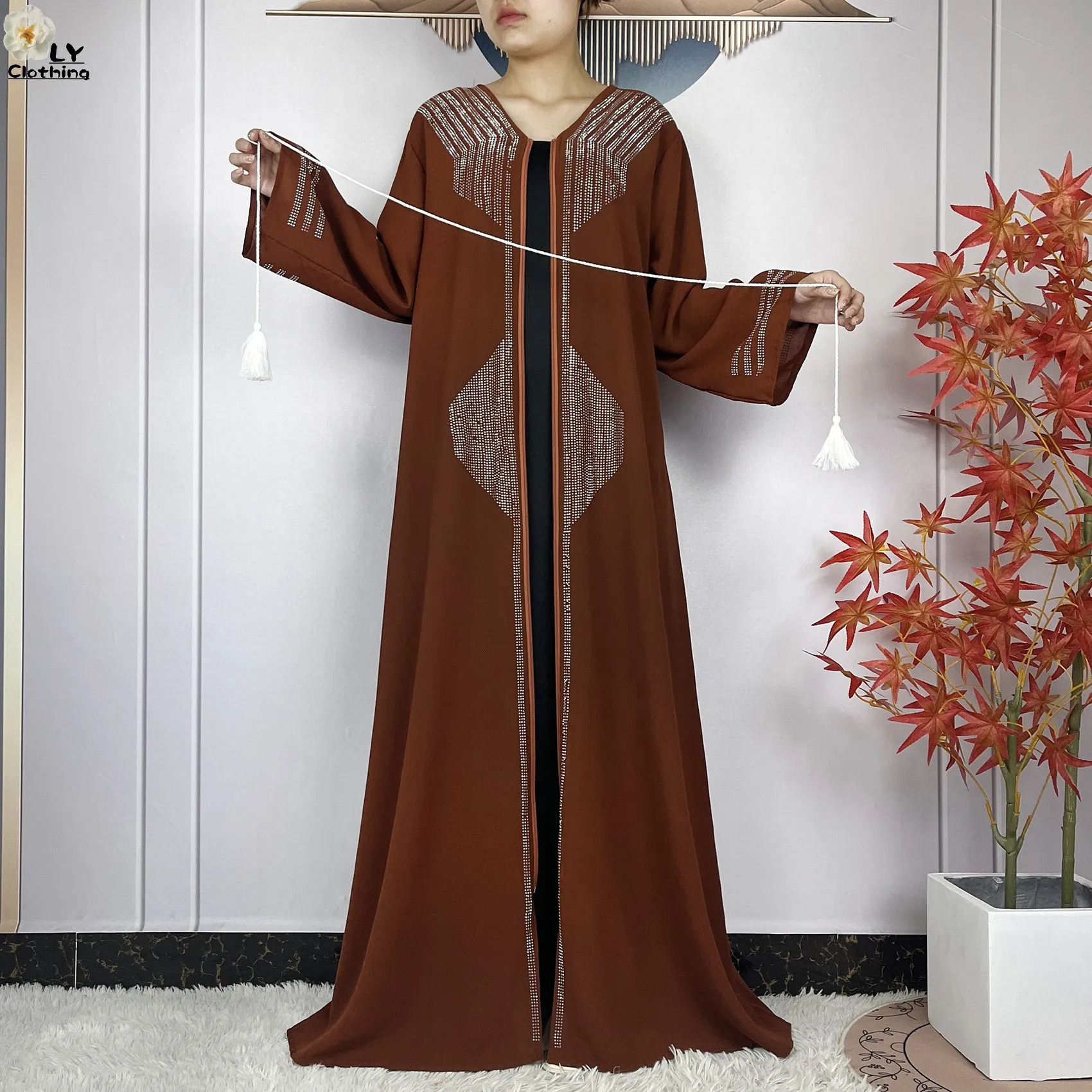 Abaya muçulmana com lenço para mulheres, manga comprida, diamantes em chiffon, roupão solto, maxi islâmico, moda de Dubai, vestidos de festa, 2022