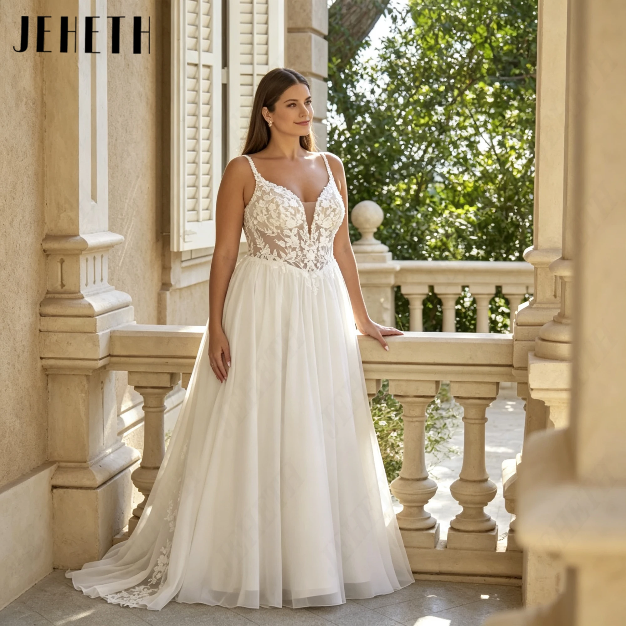 JEHETH Plus Size V Neckline Wedding Dresses Personalized Backless Bridal Gown Spaghetti Straps A-line Bride Gowns Chiffon Boho