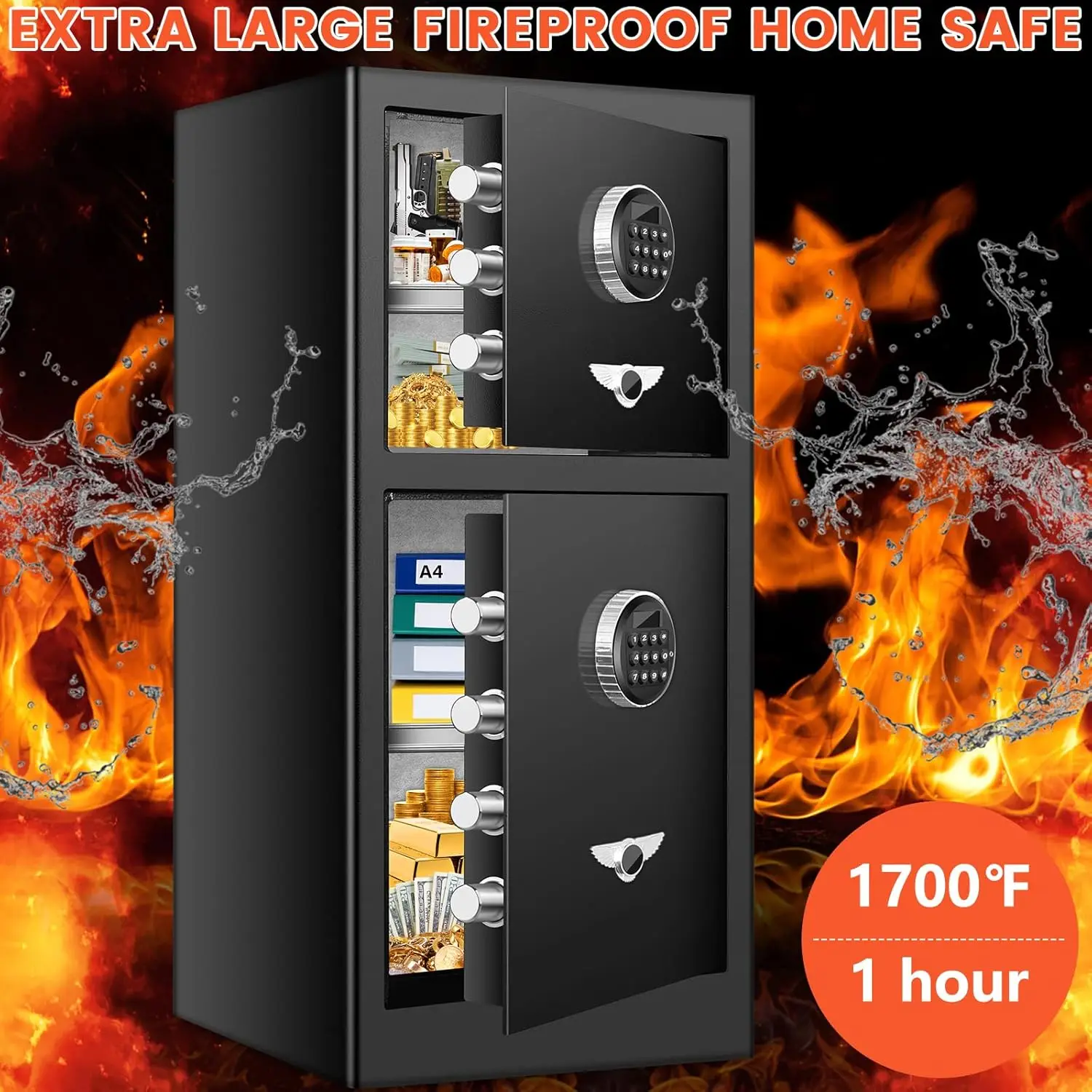 [𝟐𝟎𝟐𝟒 𝐍𝐞𝐰] 7.6 Cu Ft Extra Large Home Safe Fireproof Waterproof with [DOUBLE SAFES], Heavy Duty Digital Security Safe