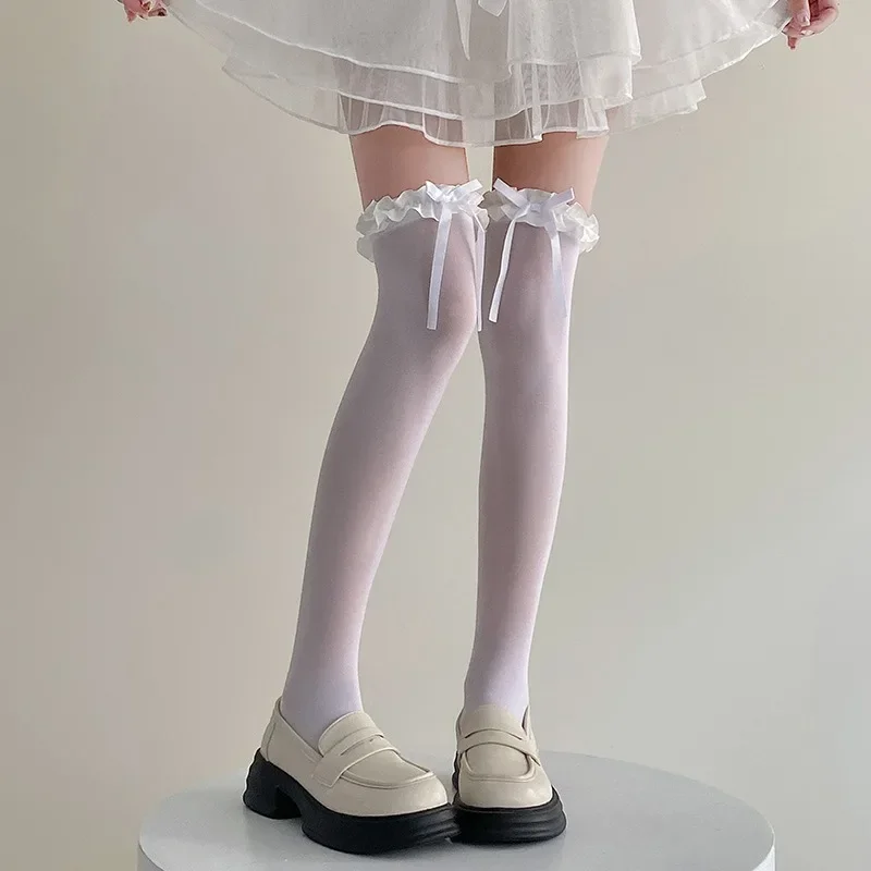 

Women's Bow Over Knee Women's Spring and Summer Thin Lace Cute Strap Long Tube Lace Milk White Ballet Style Thigh