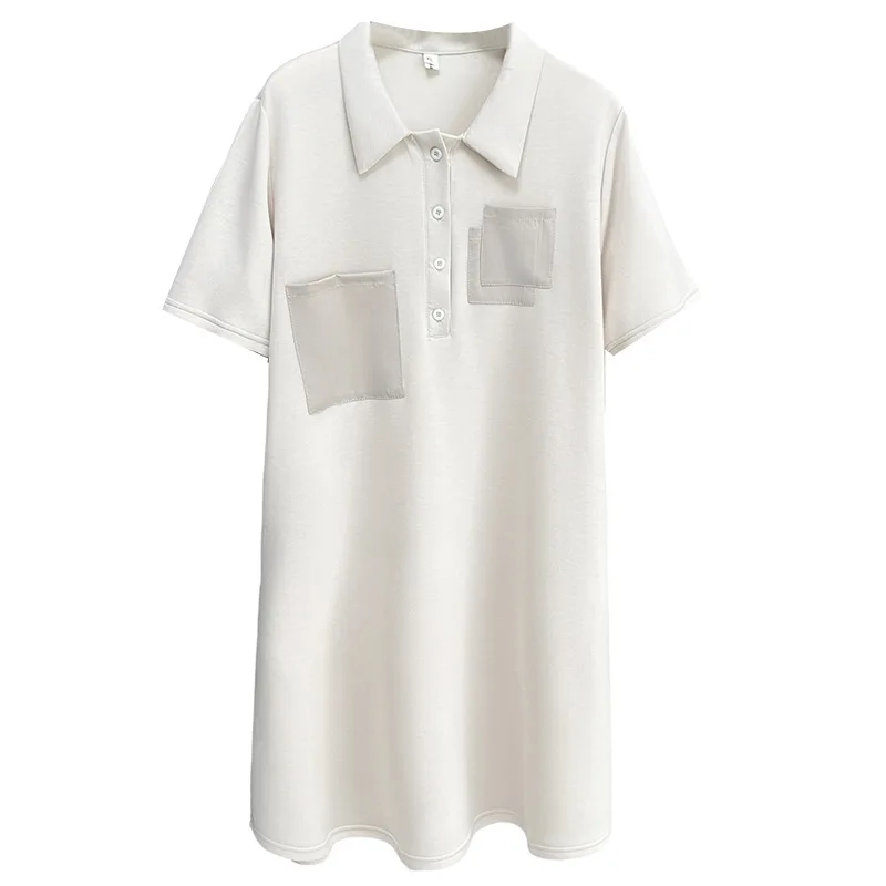 

Женское платье больших размеров, новинка 2025 года, лето, новинка 100 кг, темпераментное платье-поло с воротником-поло и накладными карманами, эластичное платье с короткими рукавами 837