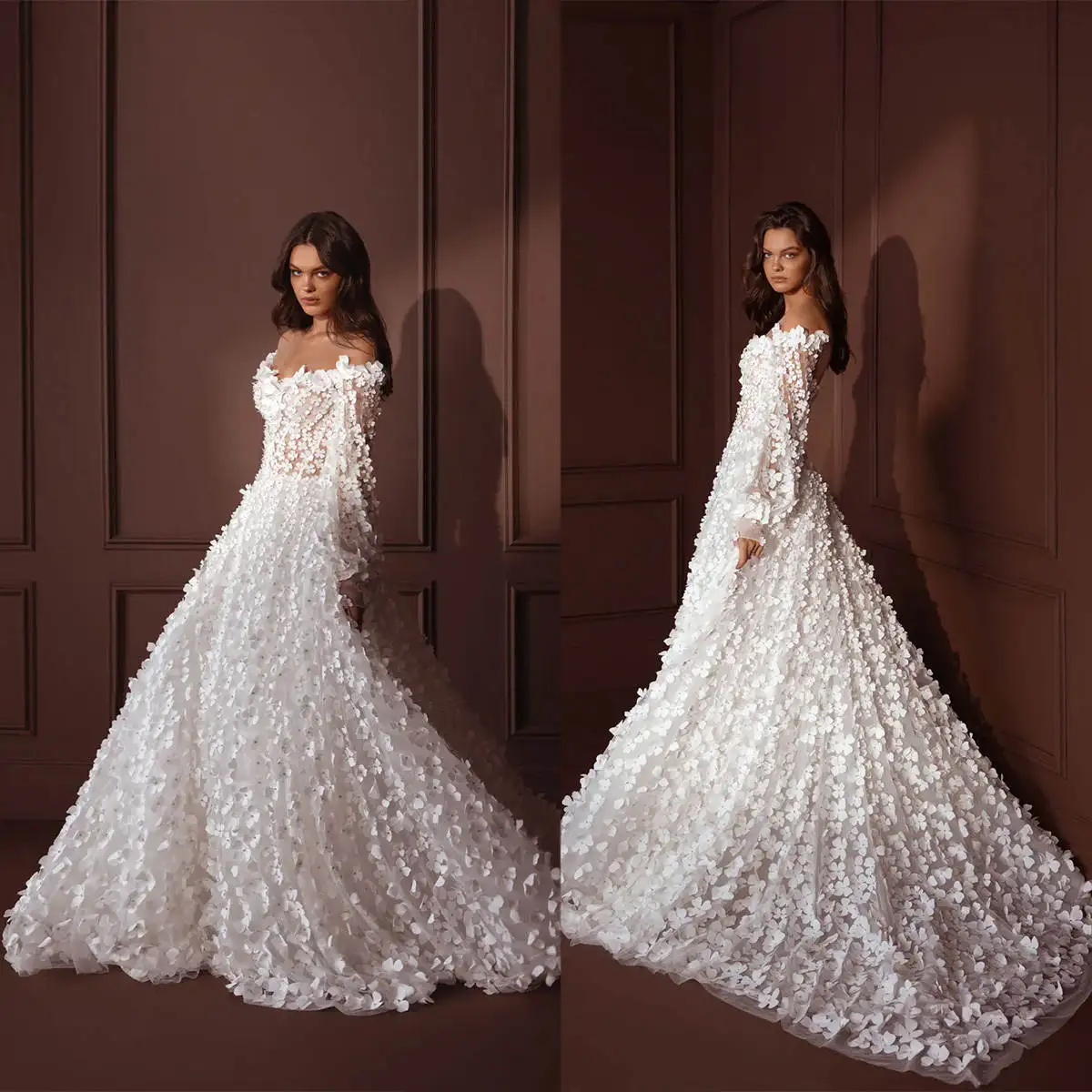 

Romantic Flowers Beach Wedding Dresses Illusion Off Shoulder Long Sleeves Bridal Gowns Illusion Backless Bride Dress