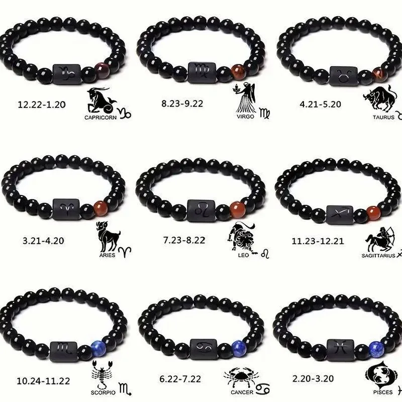 Handmade Tiger Eye Stone & Agate Beaded Elastic Bracelet Twelve Zodiac Signs Mixed Color for Women Men Gift
