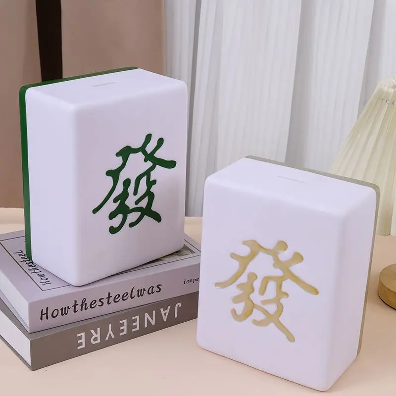 Ceramic Mahjong Fortune Decor White Green Chinese Fa Character Figurine Good Luck Ornament For Home Office Desk Shelf