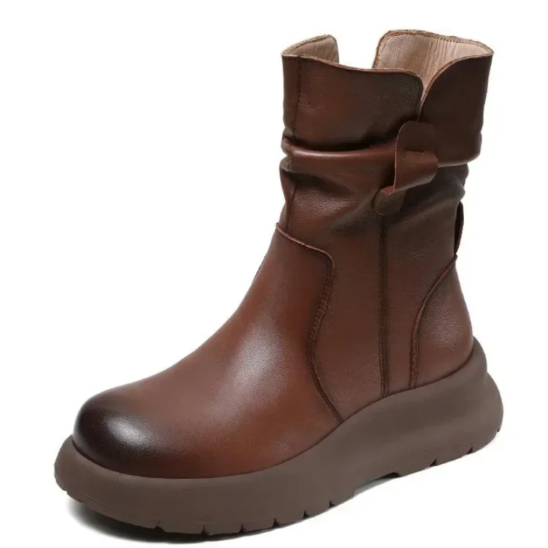 Qualidade superior 5cm mulheres meados de bezerro botas de couro genuíno plissado lado zip retro plataforma cunhas 2025 inverno botas quentes tamanho grande 43