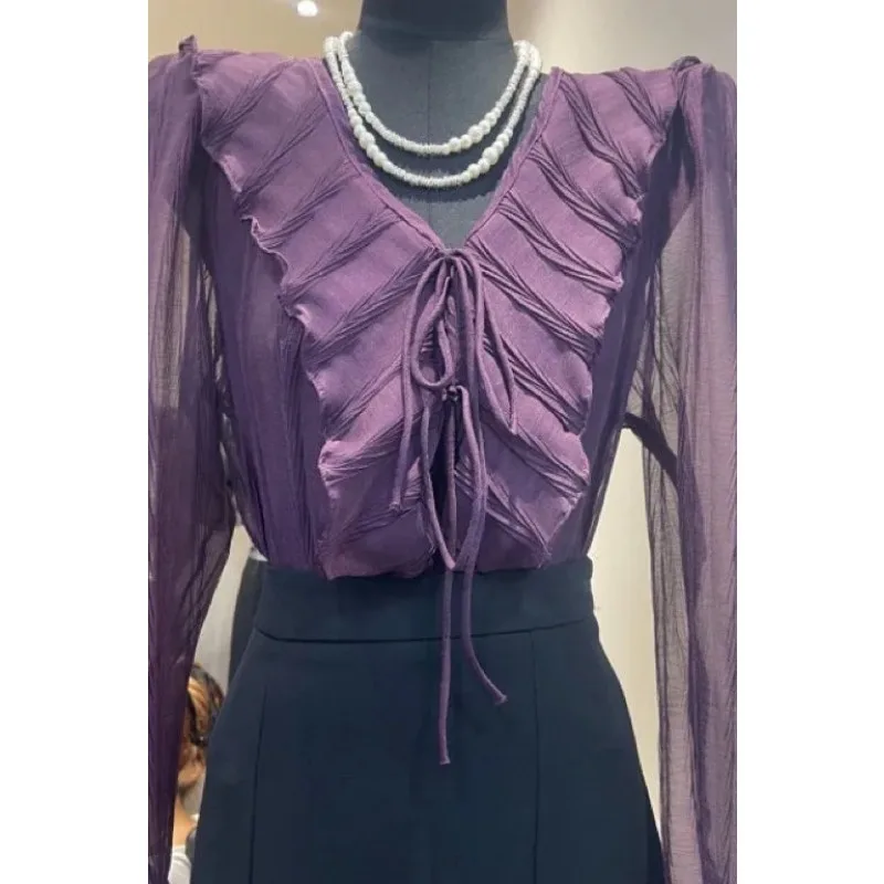 

Women's Purple Ruffled V-Neck Long-Sleeve Chiffon Blouse With Tie Detail
