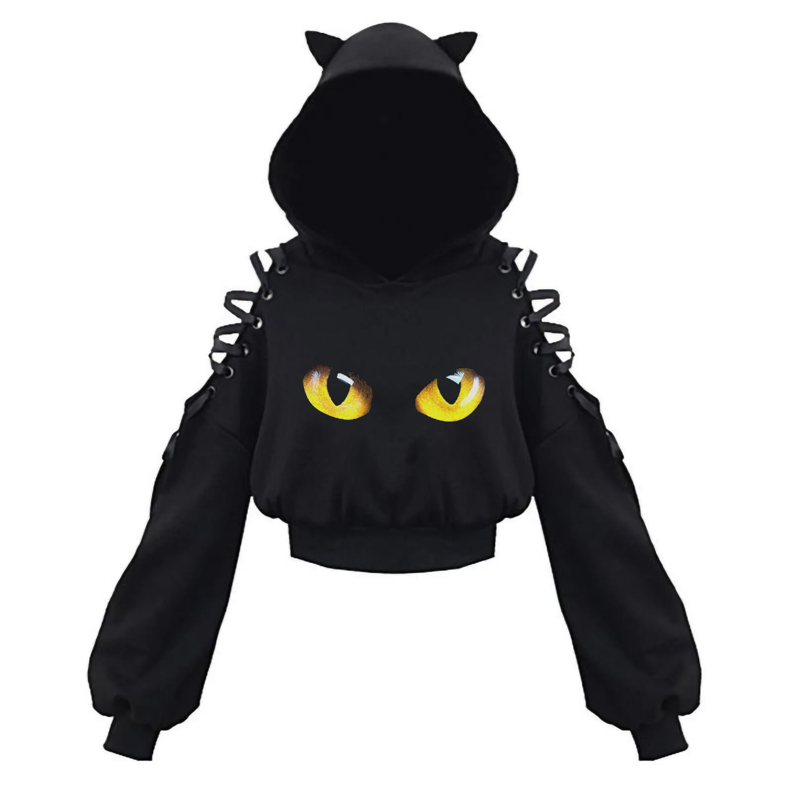 Japan Black White Cute Cat Ears Hoodies Cosplay Costume Short Tops Sweater Anime Pullover Cartoon Sweatshirt Women Clothes