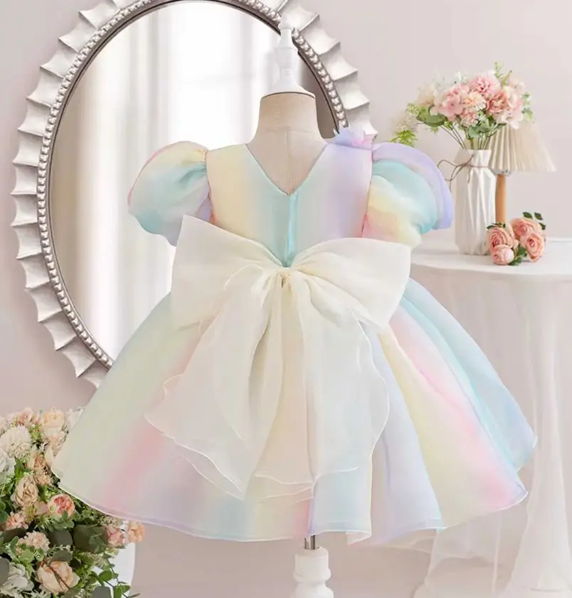 1-6Y Girls Dress for Holiday Birthday Kids Rainbow Tulle Dresses Sweet Child Princess Ball Gown Summer Wear