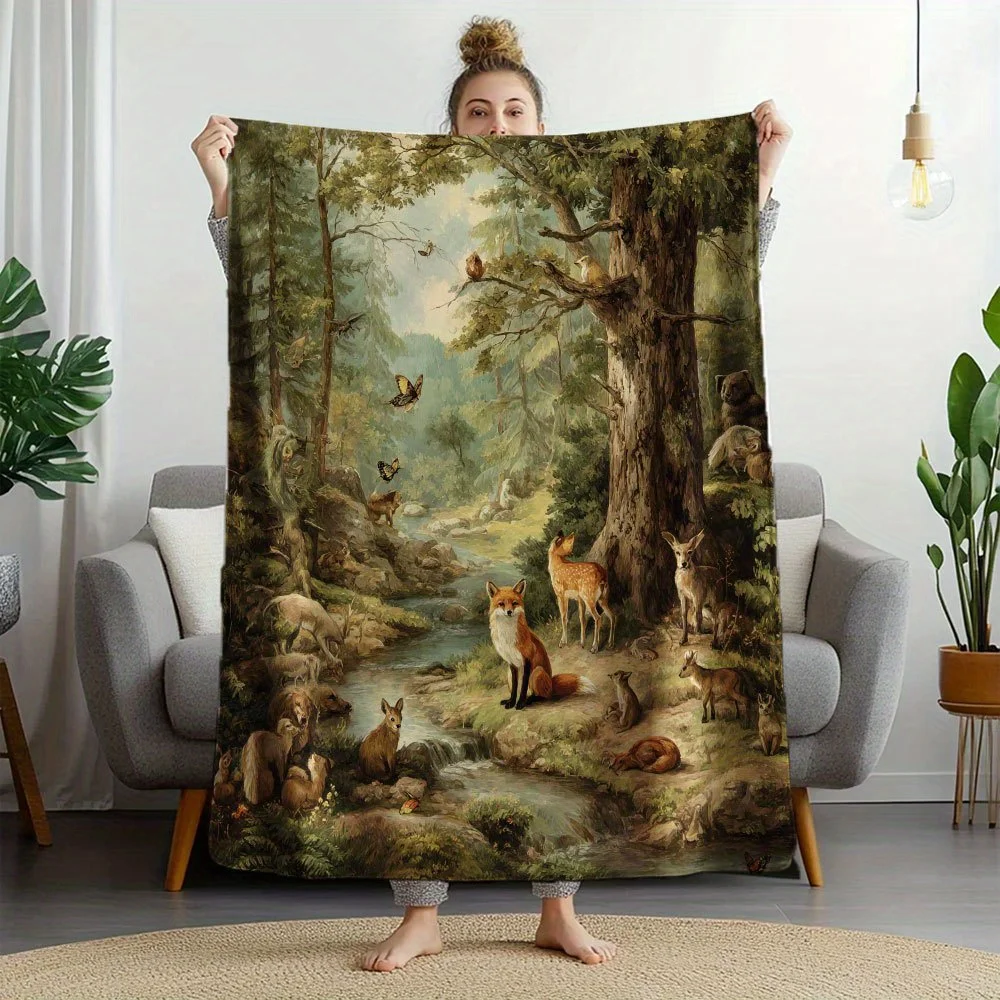 Vintage Woodland Harmony Scene Flannel Blanket - Warm & Soft Throw with Foxes, Birds & Deer Forest Print for Sofa, Bed, Car
