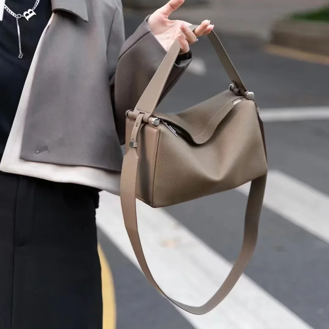 Cowhide Women's Purple Armpit Bag 2025 New Luxury Designer Fashion Genuine Leather Shoulder Crossbody Boston Pillow Bag Female