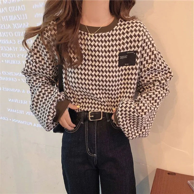 

New Spring and Autumn Fashion Retro Thousand Bird Checker Thickened Round Neck Loose Versatile Western Style Women's Sweater