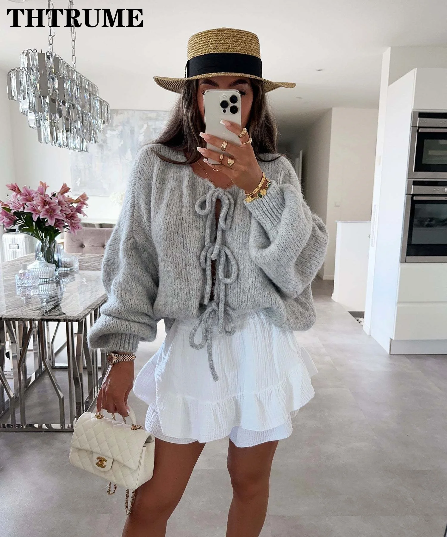 Women Fashion Lace Up Bow Sweaters Elegant Solid Color Long Sleeve Autumn O-Neck Knitwear Jumpers Tops Casual 2024 New Cardigans