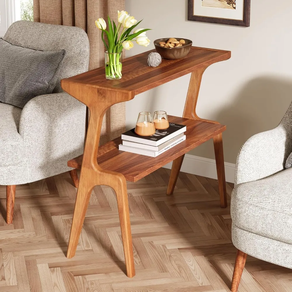 Narrow end table in living room, 2-layer ultra-thin sofa side table with solid wood legs, bedside table with storage rack image 5