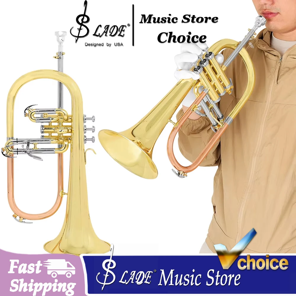 Bb-flat Flugelhorn Brass Body Gold Lacquer Flugelhorns Trumpet Pro Brass Instrument with Case Ideal for Beginner Perform Grading