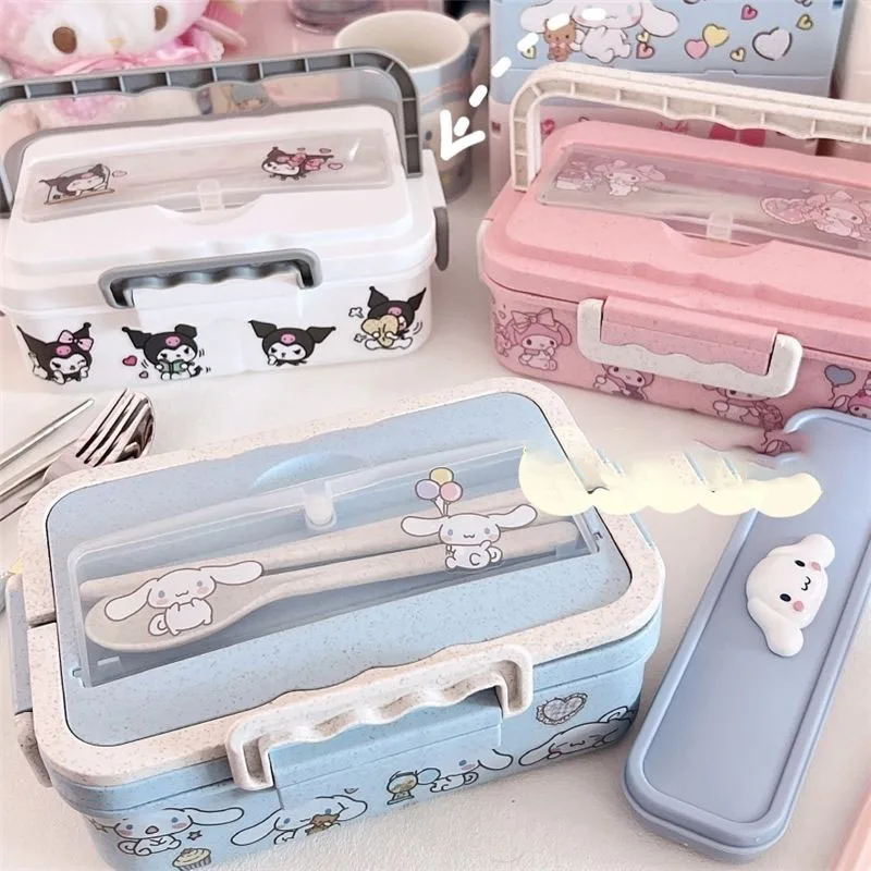 1000ml Miniso Kuromi Cinnamoroll My Melody Wheat Straw Lunch Box Cute Environmental Student Office Hand Held Lunch Box Girl Gift