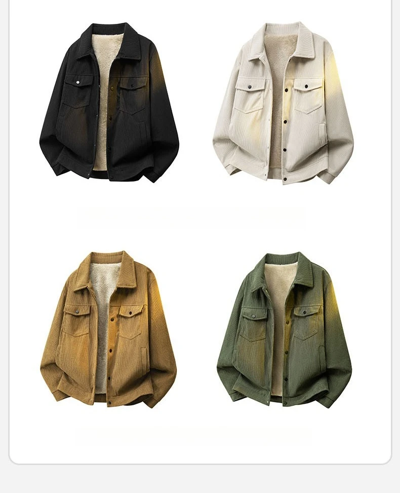 Winter-Fleece-Warme-Cordjacke für Herren, Revers-Cargojacke mit Innentasche, Arbeitsjacke mit Knöpfen, Dicker Grüner Mantel mit Taschen, Oberteile für Männer, S-4XL – Detail 4