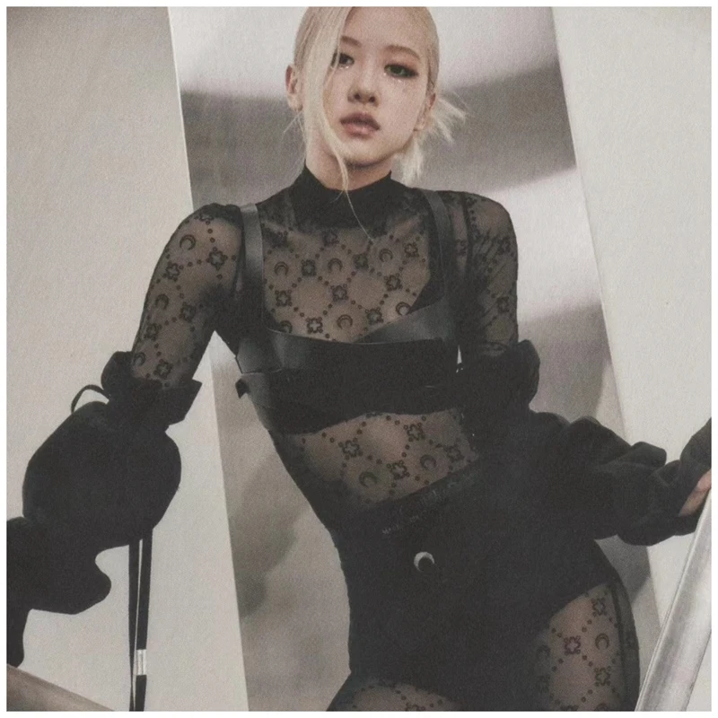 

Чувственный длинный све Floing Me Base irt Облегающий прозрачный топ с лунным дизайном для поездок на работу Цветной топ с высоким воротником