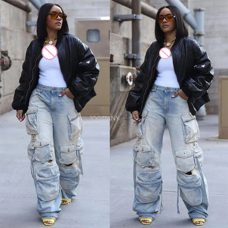 Women Summer Casual Motorcycle Ripped Pant Y2k Streetwear Fashion Trousers High Waist Wide Leg Pants Baggy Denim Pocket Jeans