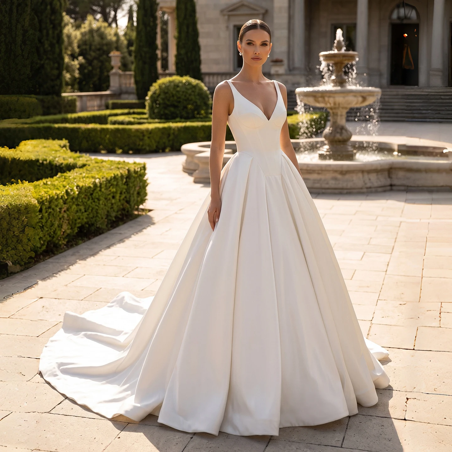 Sharon Said Luxury White Satin Ball Gown Wedding Dress Deep V-Neck Spaghetti Strap Fitted Bodice Bridal Gowns SW749 Customized
