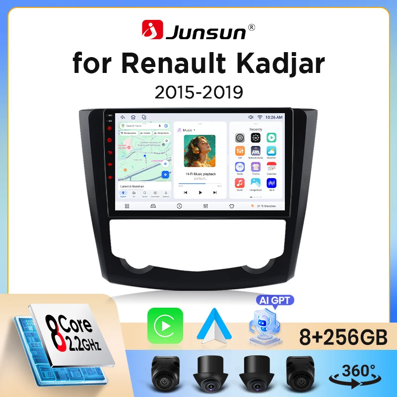 Junsun Wireless CarPlay Android Auto Autoradio für Renault Kadjar (HA/HL) 2015-2018 mit integriertem Lüfter, Android GPS-Navigation, Multimedia-Player, WiFi, DSP, RDS, BT, SWC, IPS-Touchscreen,