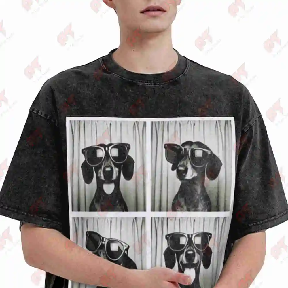 Dachshund Photo Booth Funny Sunglasses Vintage Washed Tee Pure Cotton T-Shirt